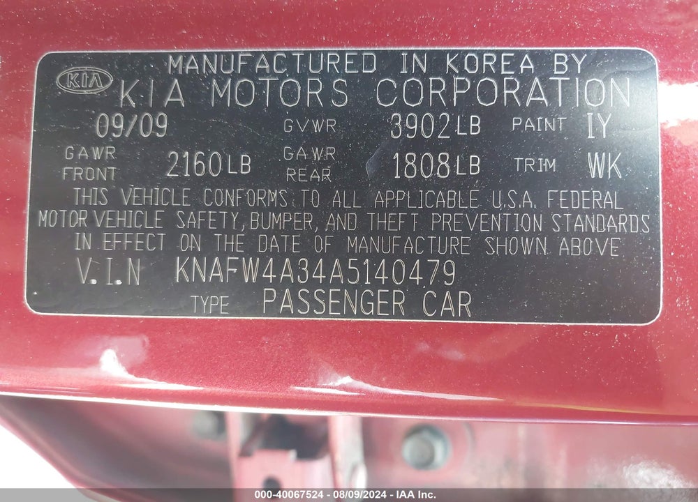 2010 KIA FORTE SX VIN: KNAFW4A34A5140479
