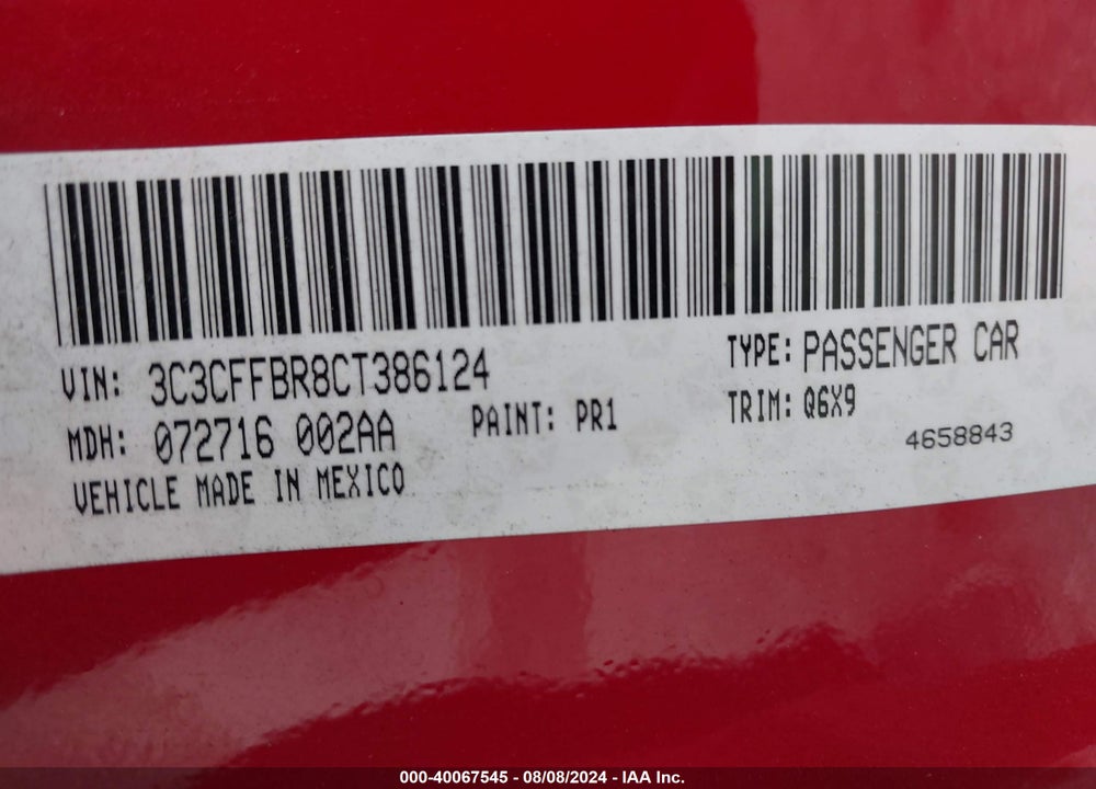 2012 FIAT 500 SPORT VIN: 3C3CFFBR8CT386124
