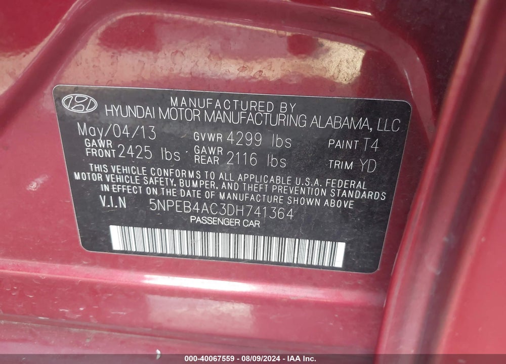 2013 HYUNDAI SONATA GLS VIN: 5NPEB4AC3DH741364