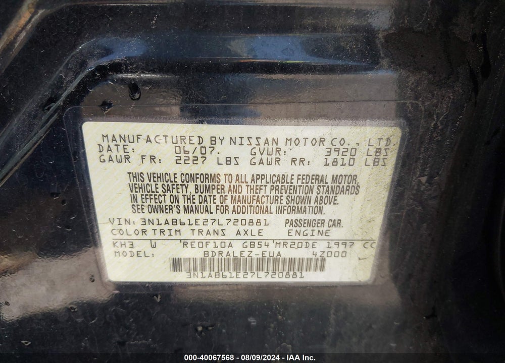 2007 NISSAN SENTRA 2.0S VIN: 3N1AB61E27L720881