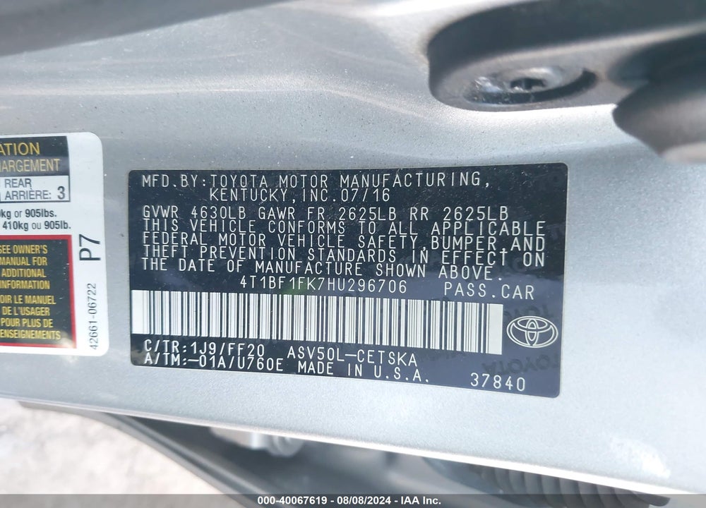 2017 TOYOTA CAMRY SE VIN: 4T1BF1FK7HU296706