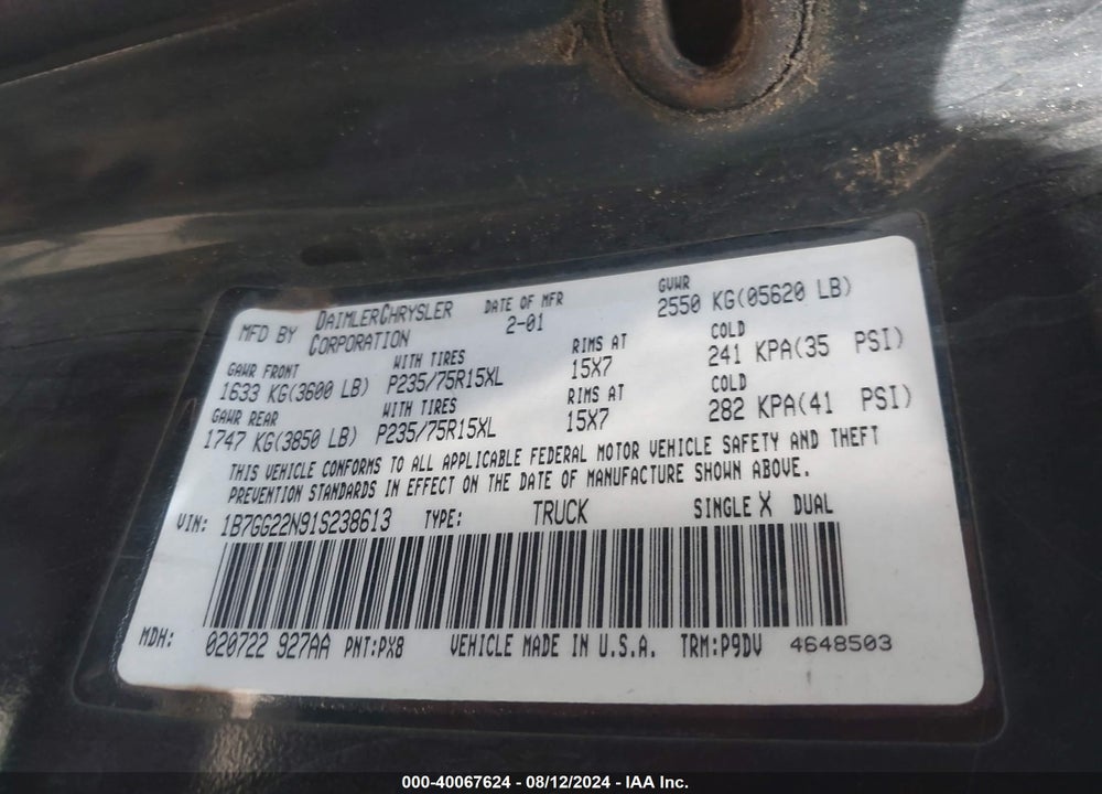 2001 DODGE DAKOTA SLT/SPORT VIN: 1B7GG22N91S238613