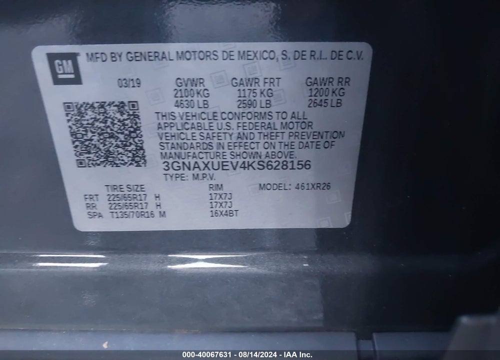 2019 CHEVROLET EQUINOX LT VIN: 3GNAXUEV4KS628156