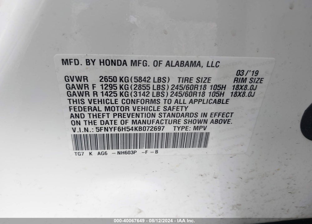 2019 HONDA PILOT EX-L VIN: 5FNYF6H54KB072697
