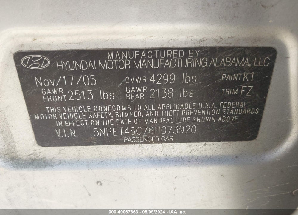 2006 HYUNDAI SONATA GL VIN: 5NPET46C76H073920