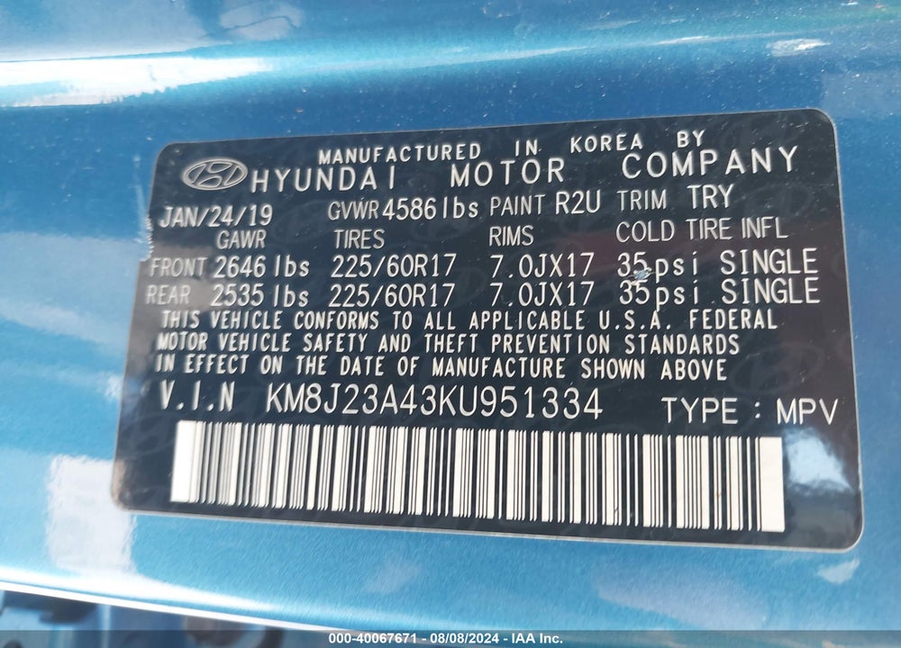 2019 HYUNDAI TUCSON SE VIN: KM8J23A43KU951334