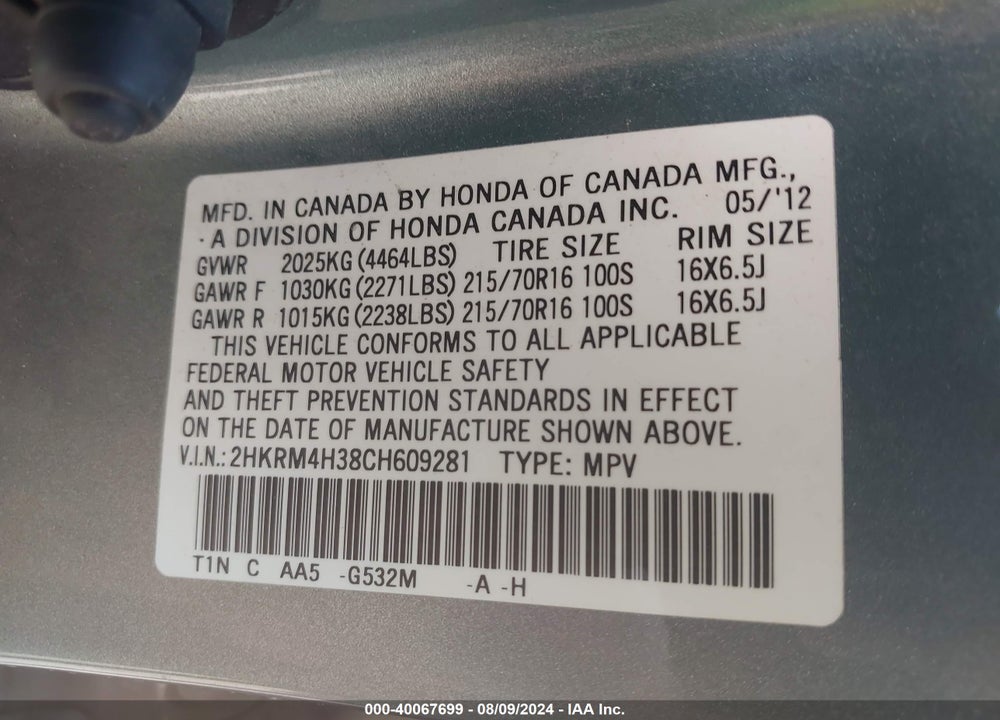 2012 HONDA CR-V LX VIN: 2HKRM4H38CH609281