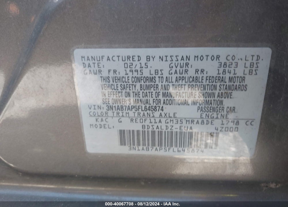 2015 NISSAN SENTRA FE+ S/S/SL/SR/SV VIN: 3N1AB7AP5FL645874