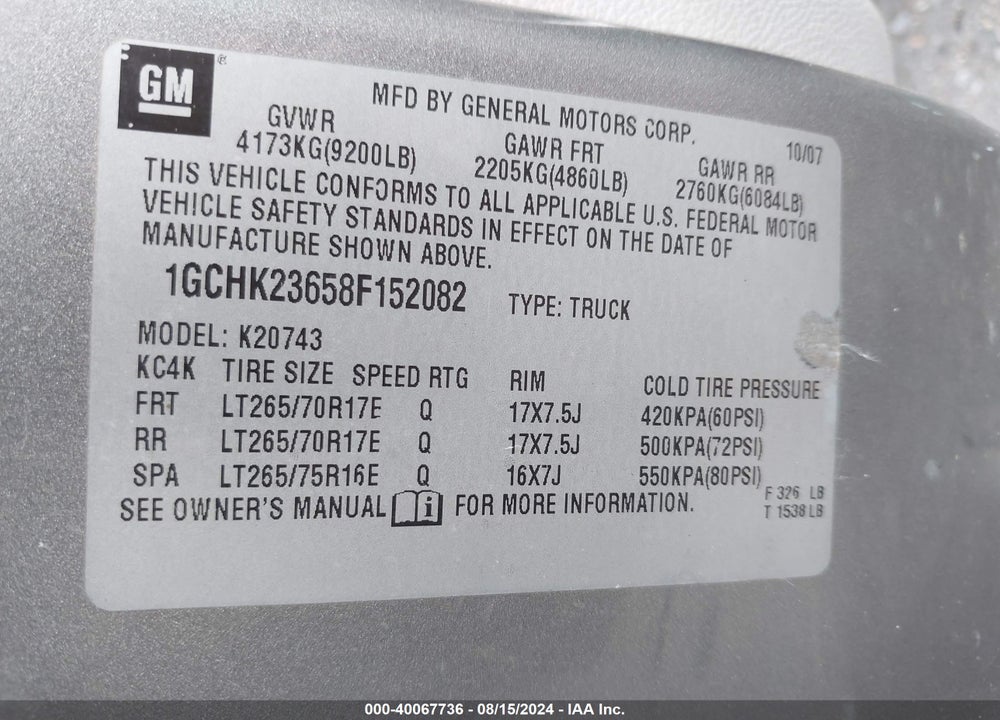 2008 CHEVROLET SILVERADO 2500HD LTZ VIN: 1GCHK23658F152082