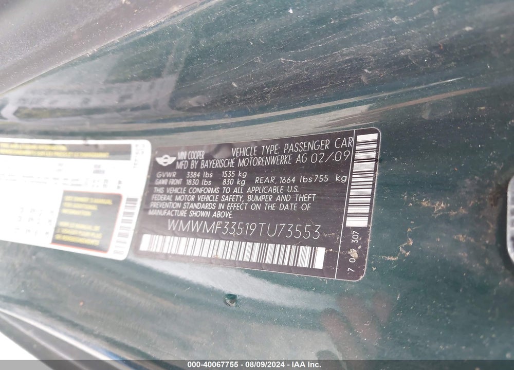 2009 MINI COOPER VIN: WMWMF33519TU73553