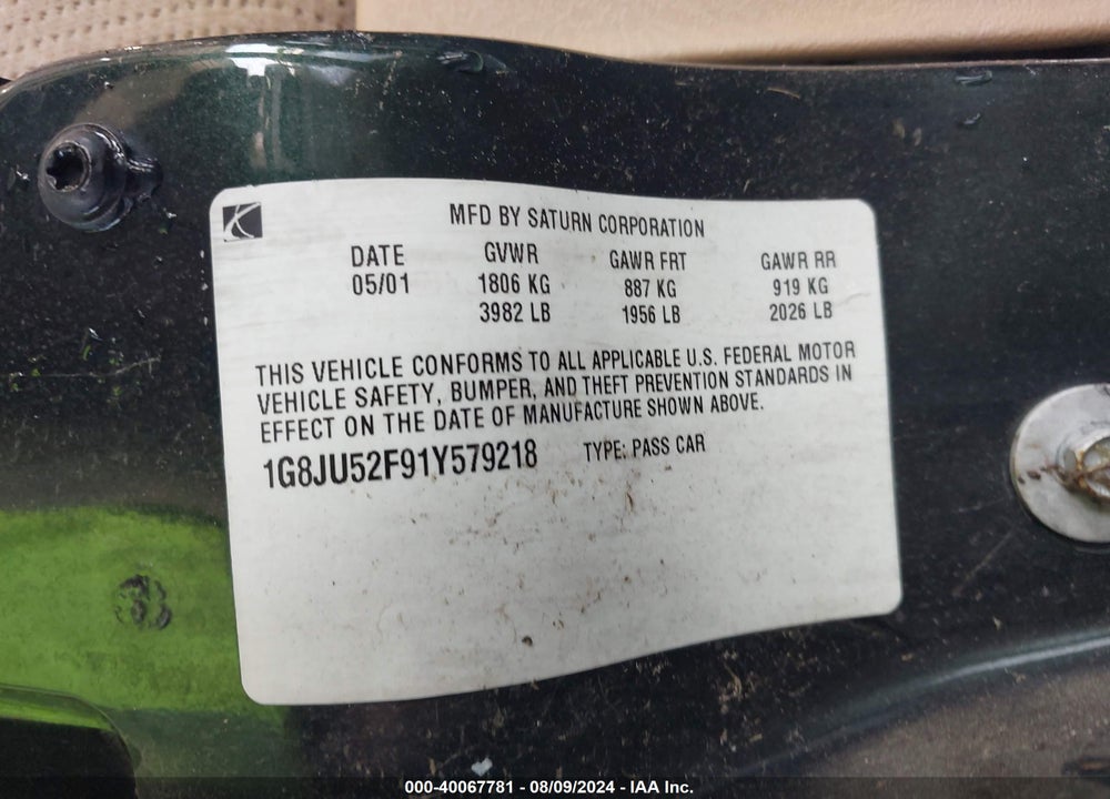 2001 SATURN L200 VIN: 1G8JU52F91Y579218