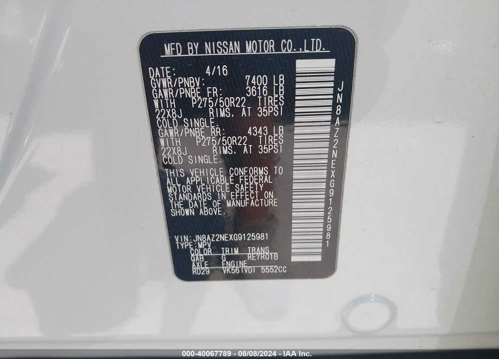 2016 INFINITI QX80 LIMITED VIN: JN8AZ2NEXG9125981