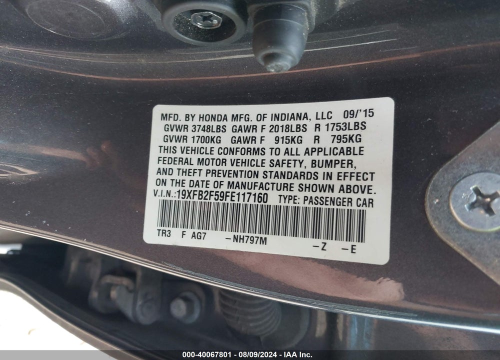 2015 HONDA CIVIC LX VIN: 19XFB2F59FE117160