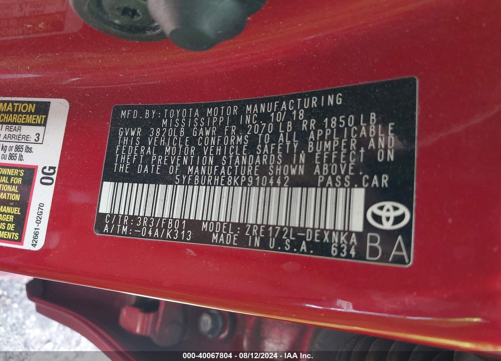 2019 TOYOTA COROLLA LE VIN: 5YFBURHE8KP910442