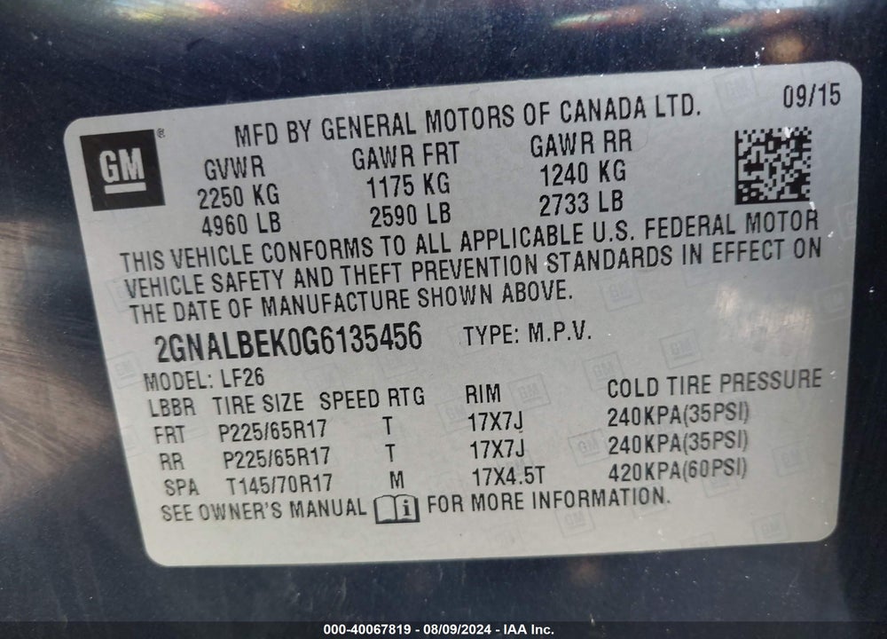 2016 CHEVROLET EQUINOX LS VIN: 2GNALBEK0G6135456