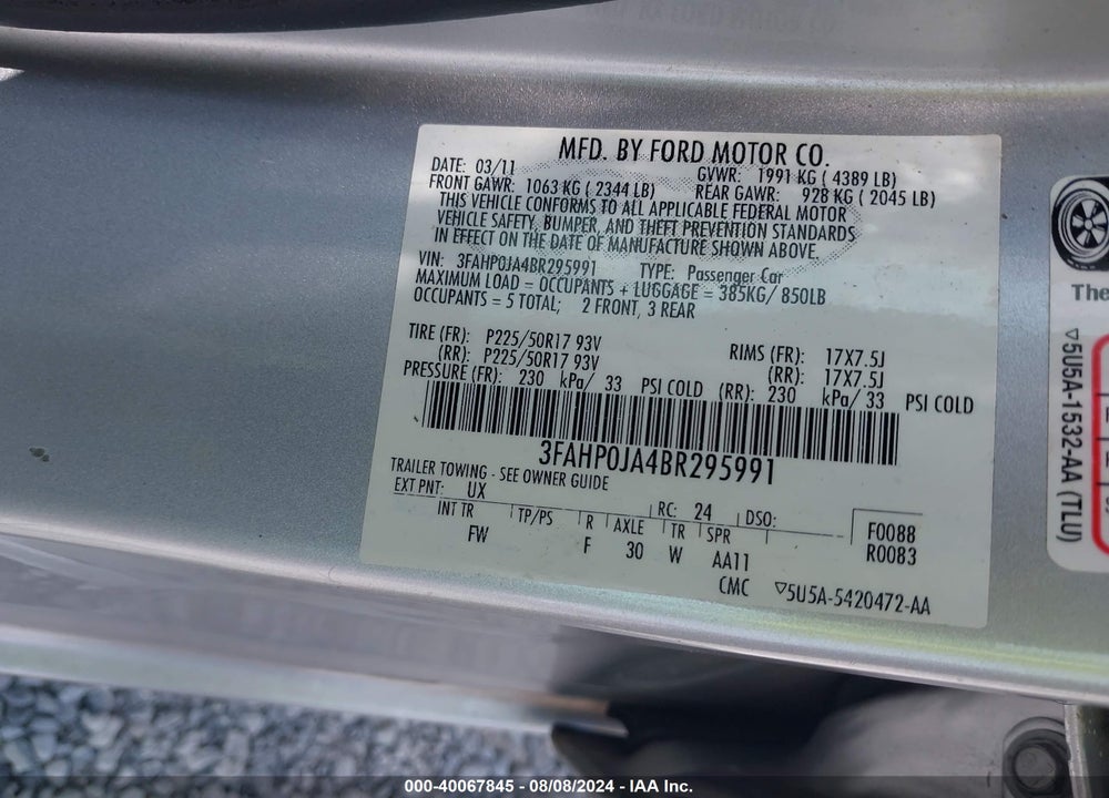 2011 FORD FUSION SEL VIN: 3FAHP0JA4BR295991