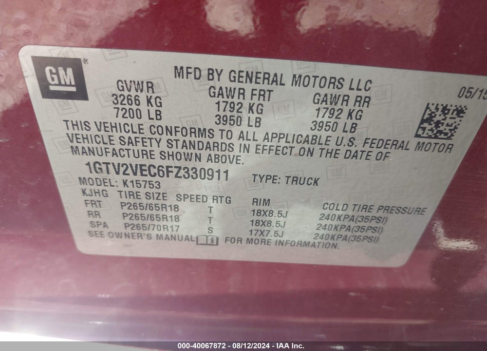 2015 GMC SIERRA 1500 SLT VIN: 1GTV2VEC6FZ330911