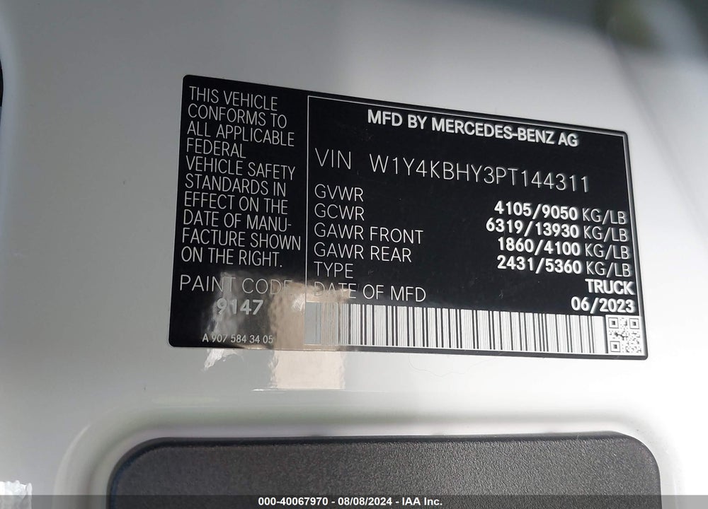 2023 MERCEDES-BENZ SPRINTER 2500 STANDARD ROOF 4-CYL DIESEL VIN: W1Y4KBHY3PT144311