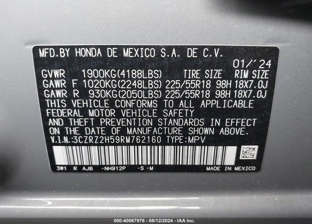 2024 HONDA HR-V AWD SPORT/AWD SPORT W/O BSI VIN: 3CZRZ2H59RM762160