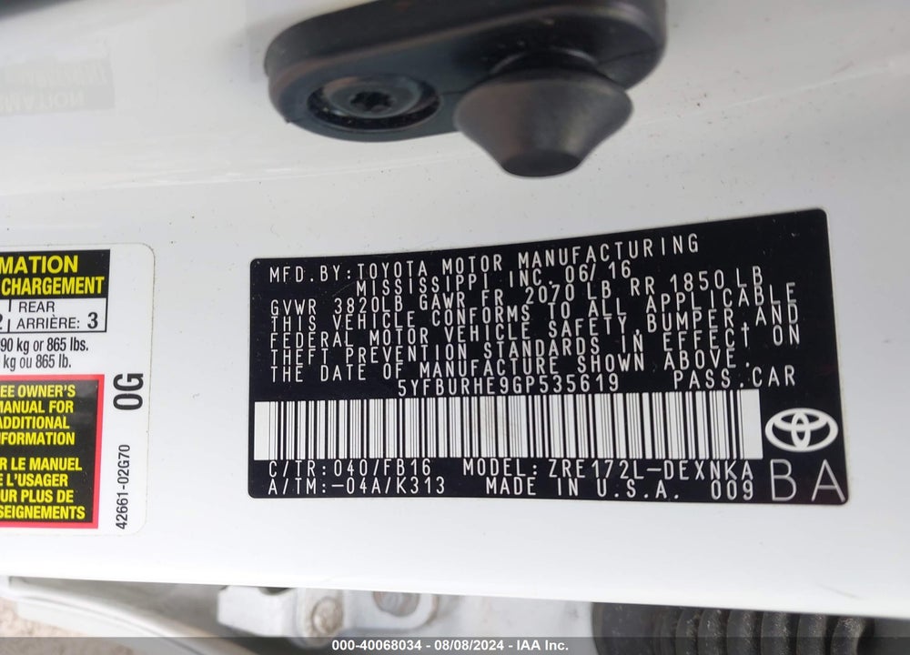 2016 TOYOTA COROLLA LE VIN: 5YFBURHE9GP535619