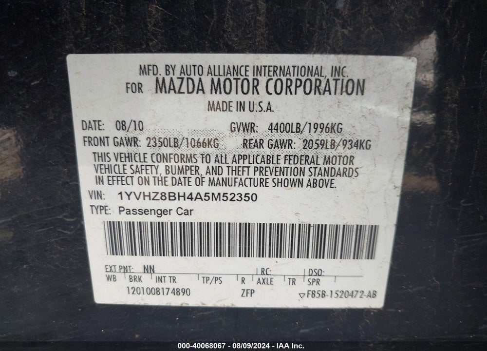 2010 MAZDA 6 I SPORT VIN: 1YVHZ8BH4A5M52350
