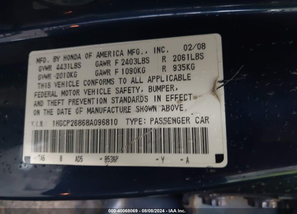 2008 HONDA ACCORD 2.4 EX-L VIN: 1HGCP26868A096810