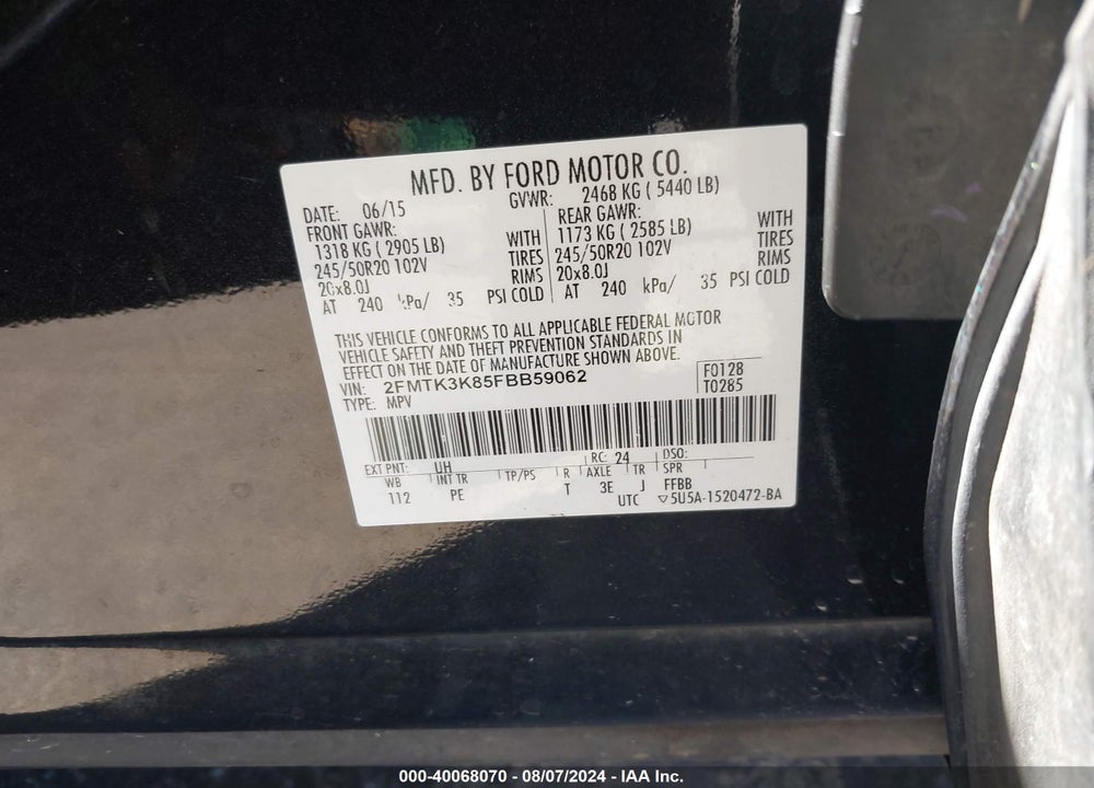 2015 FORD EDGE TITANIUM VIN: 2FMTK3K85FBB59062