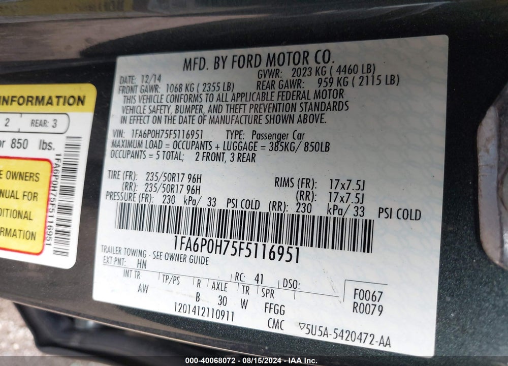 2015 FORD FUSION SE VIN: 1FA6P0H75F5116951