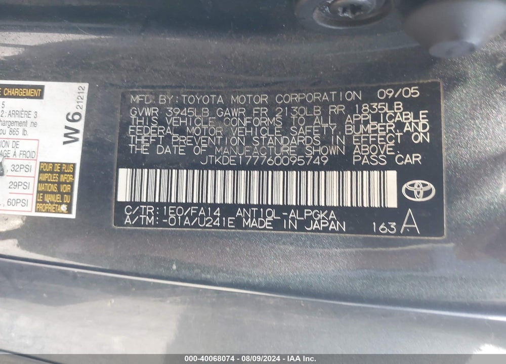 2006 SCION TC VIN: JTKDE177760095749