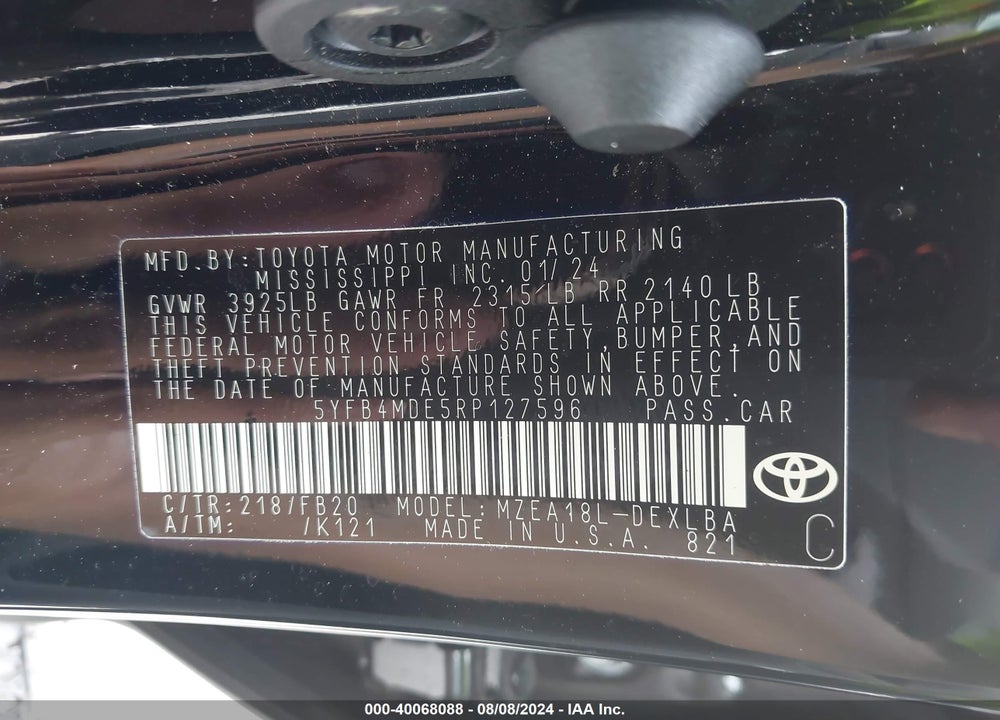 2024 TOYOTA COROLLA LE VIN: 5YFB4MDE5RP127596