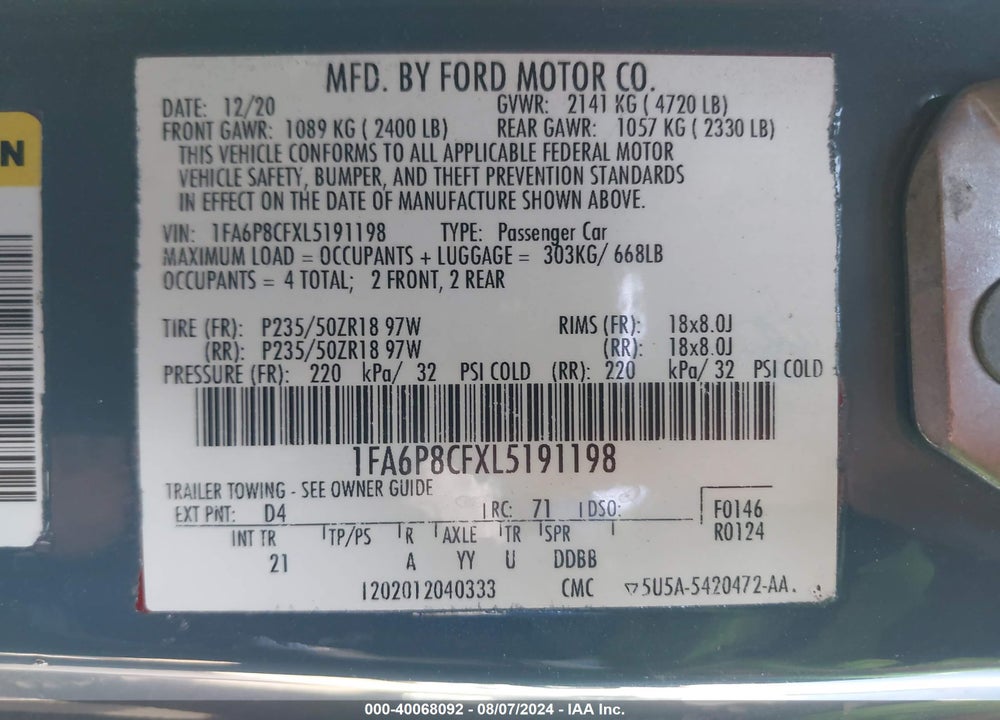 2020 FORD MUSTANG GT FASTBACK VIN: 1FA6P8CFXL5191198