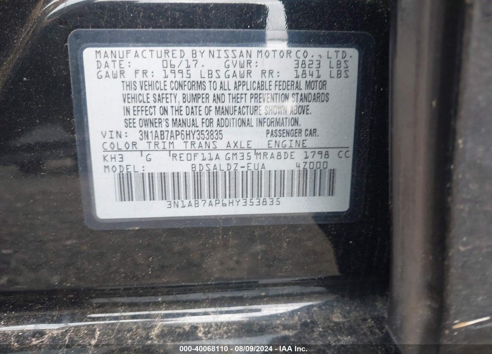 2017 NISSAN SENTRA SV VIN: 3N1AB7AP6HY353835