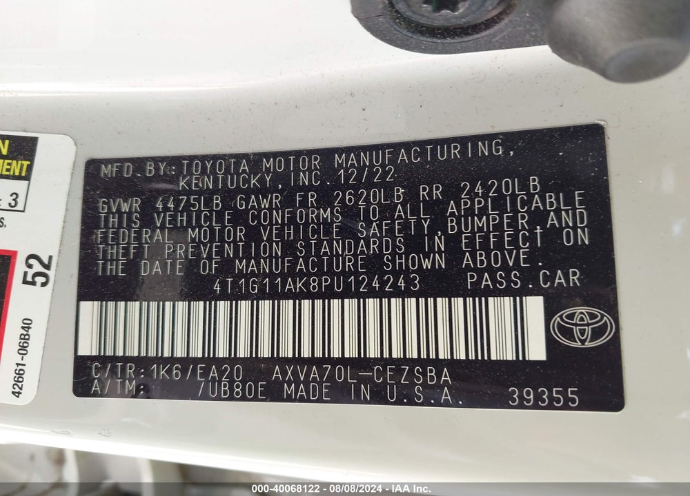 2023 TOYOTA CAMRY SE VIN: 4T1G11AK8PU124243