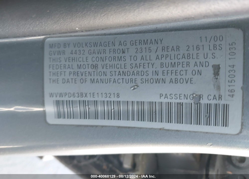 2001 VOLKSWAGEN PASSAT GLS VIN: WVWPD63BX1E113218