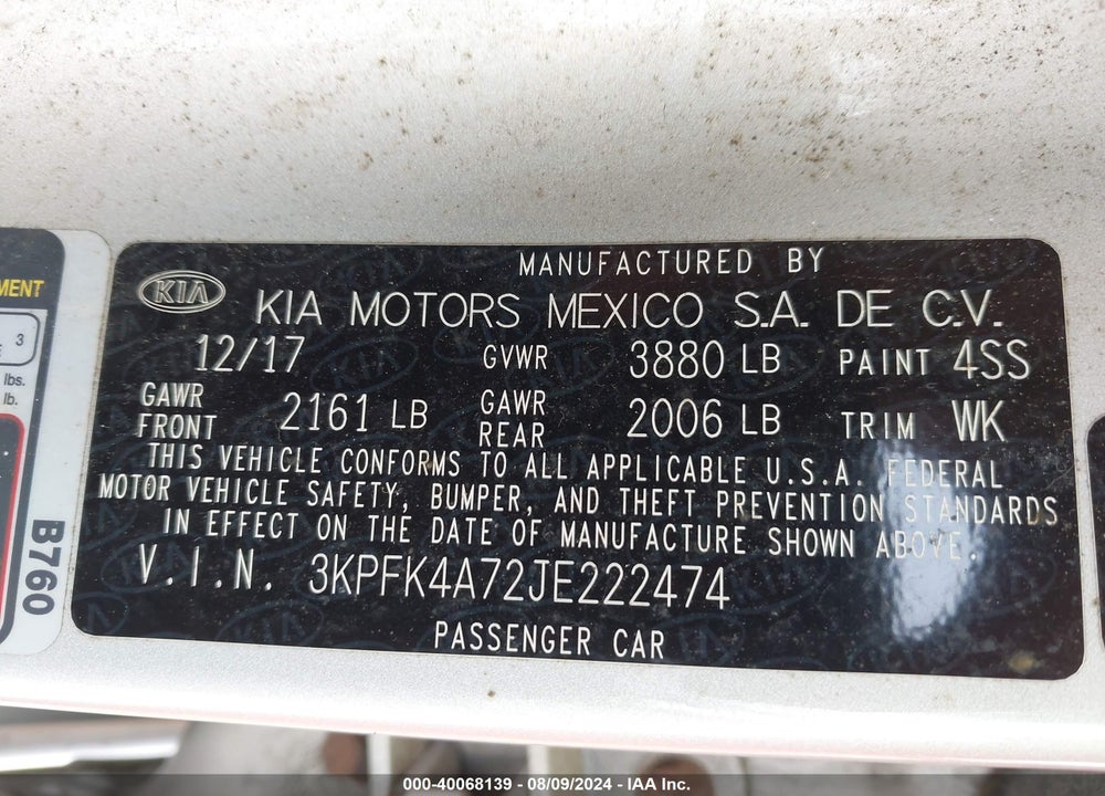 2018 KIA FORTE LX VIN: 3KPFK4A72JE222474