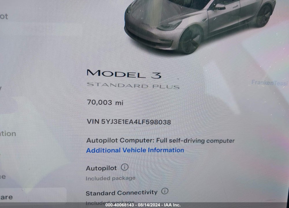 2020 TESLA MODEL 3 STANDARD RANGE PLUS REAR-WHEEL DRIVE/STANDARD RANGE REAR-WHEEL DRIVE VIN: 5YJ3E1EA4LF598038