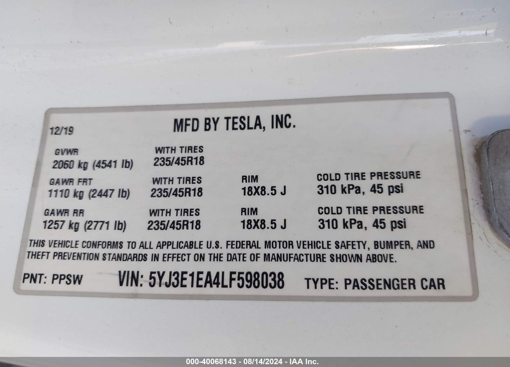 2020 TESLA MODEL 3 STANDARD RANGE PLUS REAR-WHEEL DRIVE/STANDARD RANGE REAR-WHEEL DRIVE VIN: 5YJ3E1EA4LF598038