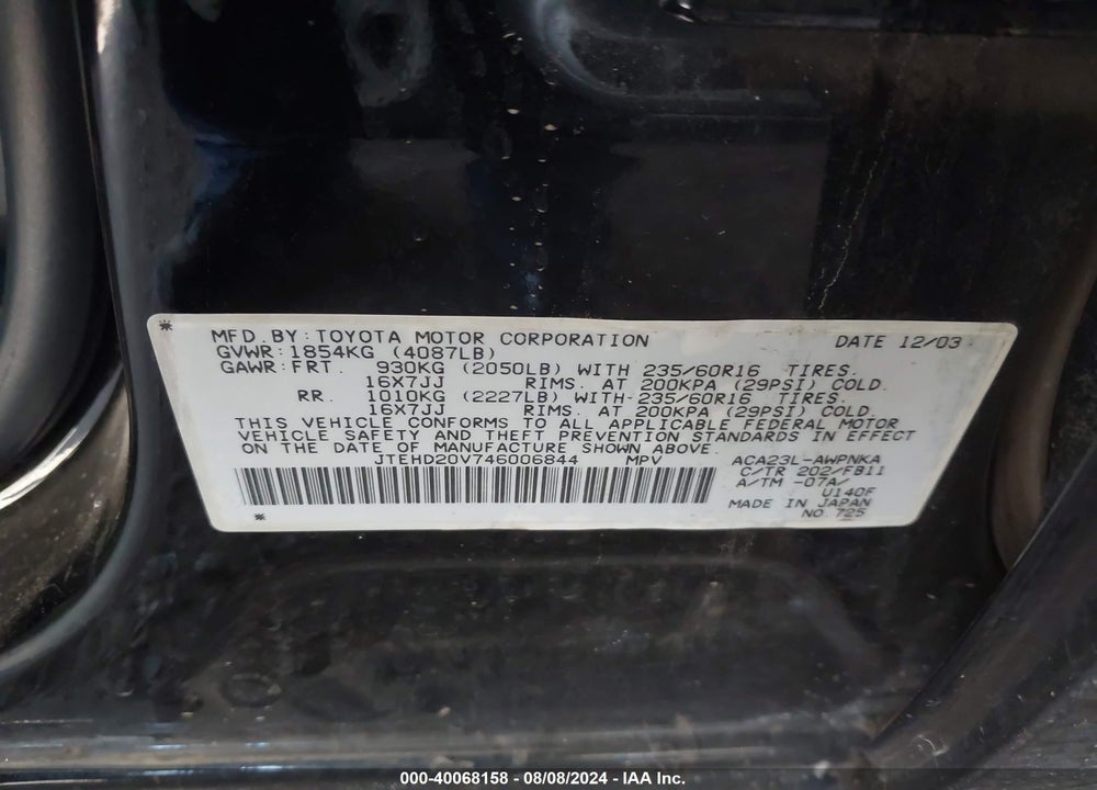 2004 TOYOTA RAV4 VIN: JTEHD20V746006844
