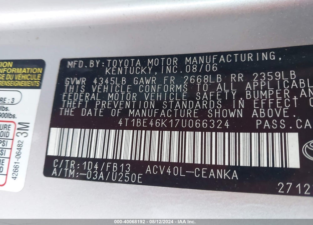 2007 TOYOTA CAMRY LE VIN: 4T1BE46K17U066324