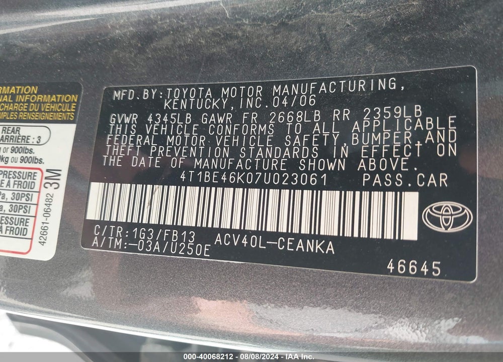 2007 TOYOTA CAMRY LE VIN: 4T1BE46K07U023061