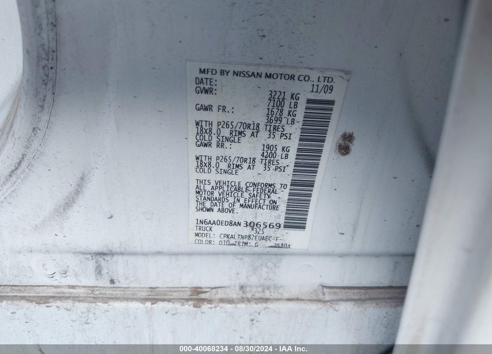 2010 NISSAN TITAN SE VIN: 1N6AA0ED8AN306569