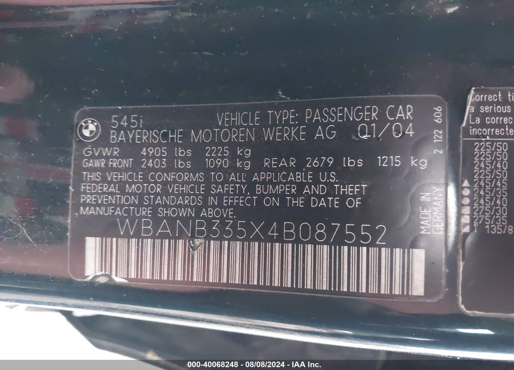2004 BMW 545I VIN: WBANB335X4B087552