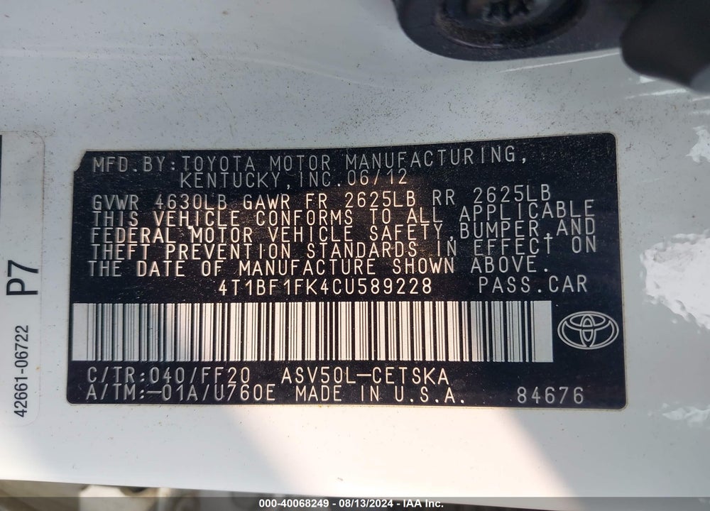 2012 TOYOTA CAMRY SE VIN: 4T1BF1FK4CU589228