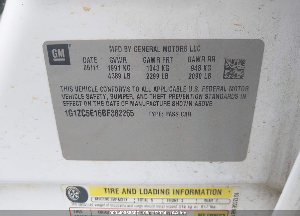 2011 CHEVROLET MALIBU 1LT VIN: 1G1ZC5E16BF382265