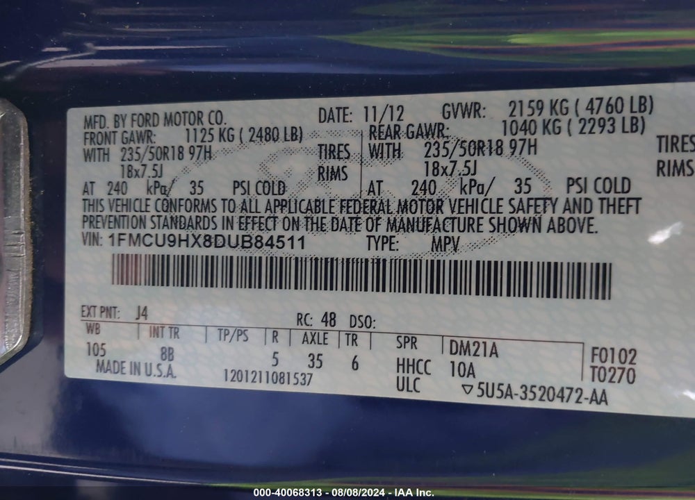 2013 FORD ESCAPE SEL VIN: 1FMCU9HX8DUB84511