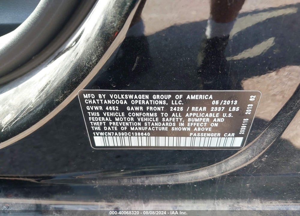 2013 VOLKSWAGEN PASSAT 2.0L TDI SEL PREMIUM VIN: 1VWCN7A39DC138640