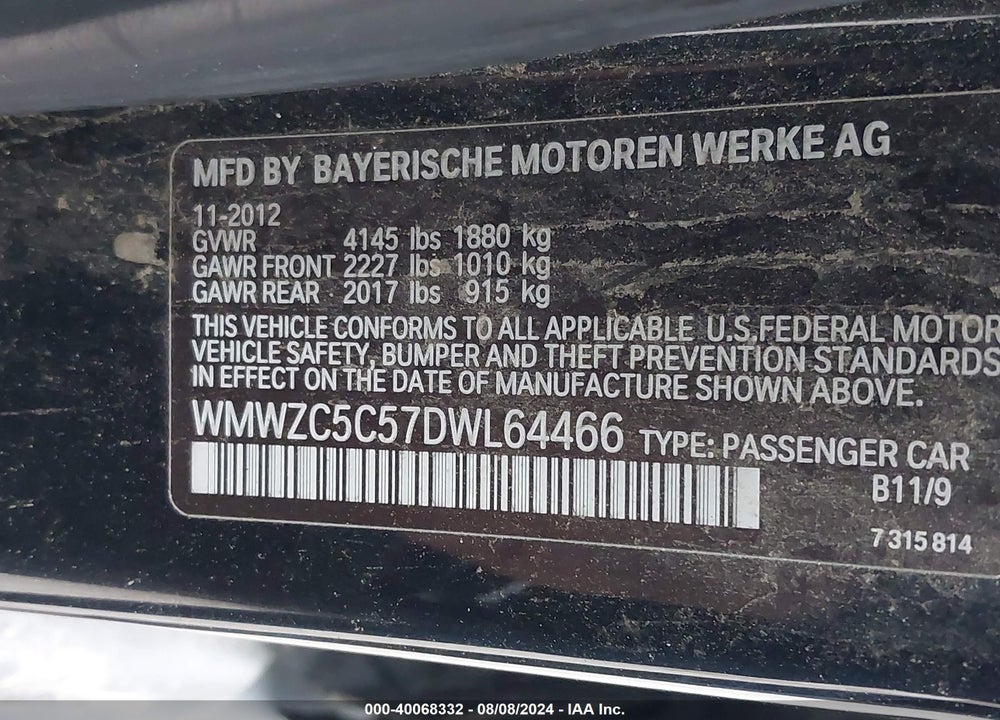 2013 MINI COUNTRYMAN COOPER S VIN: WMWZC5C57DWL64466