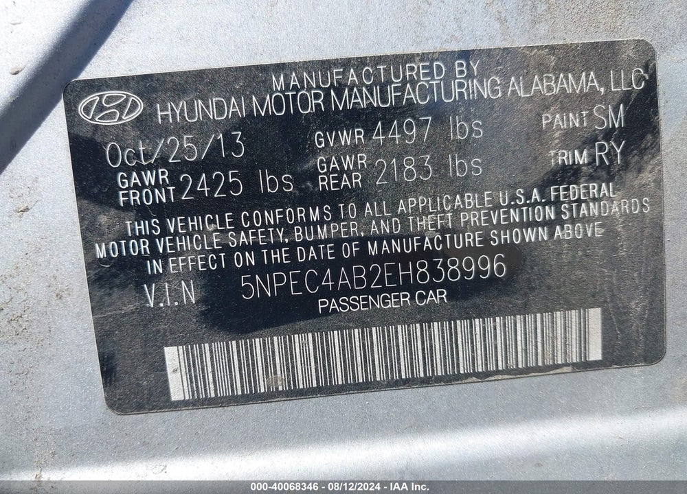 2014 HYUNDAI SONATA LIMITED 2.0T VIN: 5NPEC4AB2EH838996