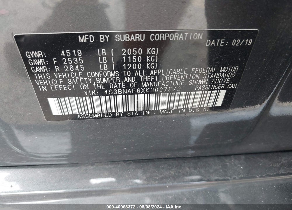 2019 SUBARU LEGACY 2.5I PREMIUM VIN: 4S3BNAF6XK3027879