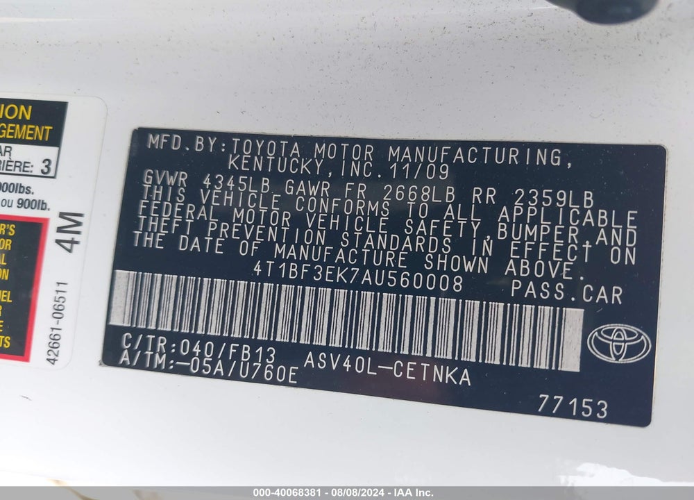 2010 TOYOTA CAMRY LE VIN: 4T1BF3EK7AU560008